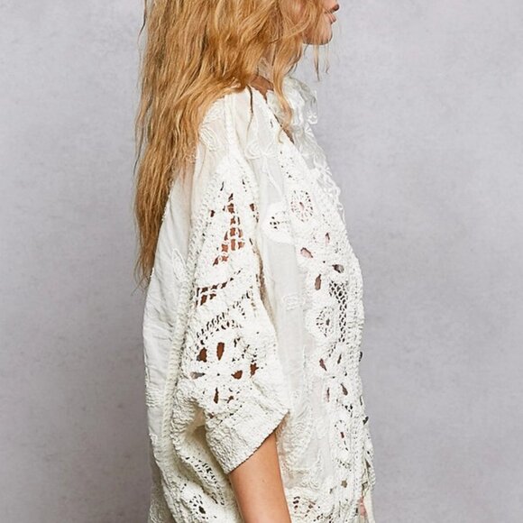 POL POL 2026 Batwing Sleeve Button Down Solid Crochet Cardigan Top 0/S WHITE - Picture 2 of 4